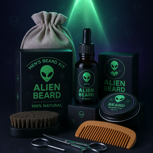 Kit de Croissance Barbe Complet Alien Beard 🚀 – Huile, Roller, Cire, Peigne & Ciseaux